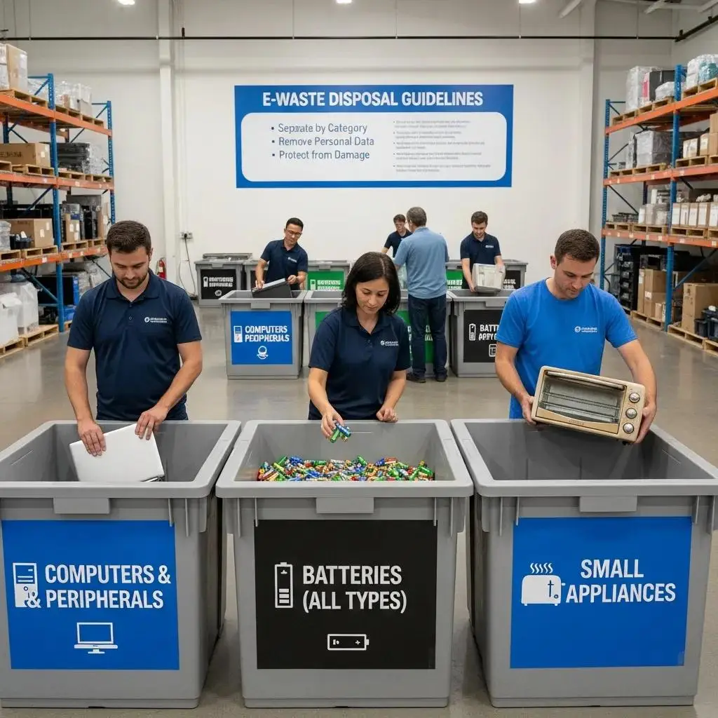Organized e-waste recycling center with labeled bins for responsible disposal of electronics and batteries