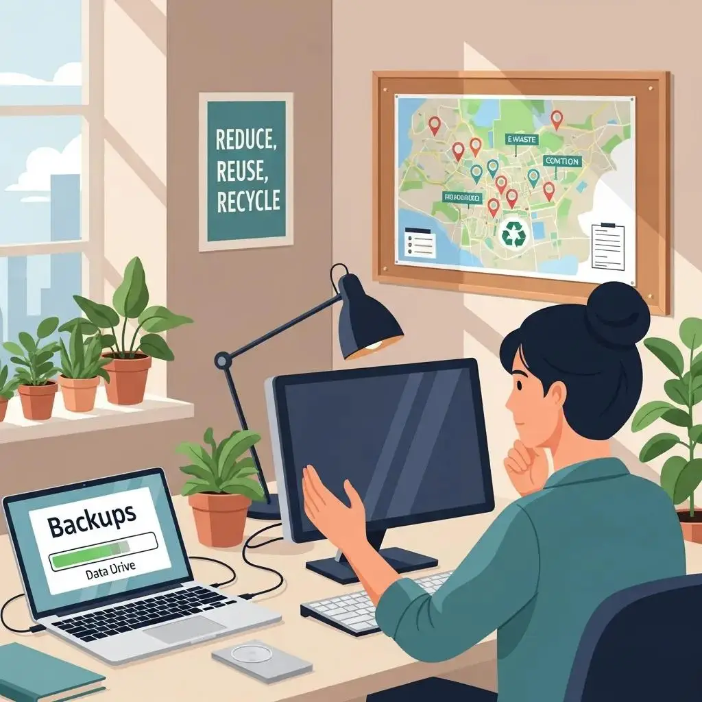 Person following steps for safe e-waste disposal in a home office setting