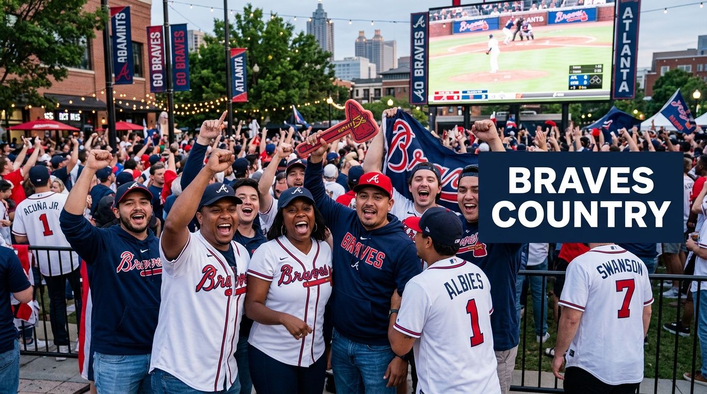 Enthusiastic Atlanta Braves fans cheering and celebrating at a public watch party in Atlanta, Georgia.