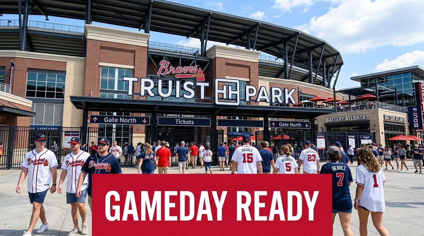 Fans walking toward the Truist Park stadium entrance wearing Atlanta Braves jerseys on a sunny day.