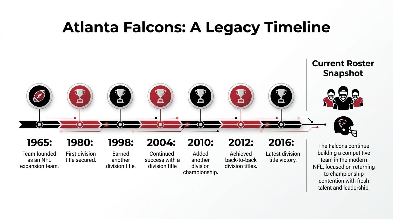 A timeline graphic showcasing key historical milestones and division title victories for the Atlanta Falcons football team.
