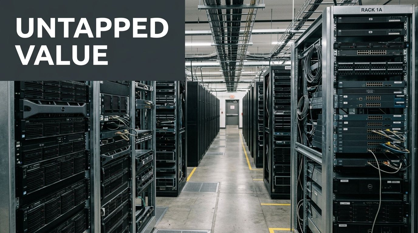A data center server room with racks of networking and telecommunications equipment, illustrating professional IT infrastructure.