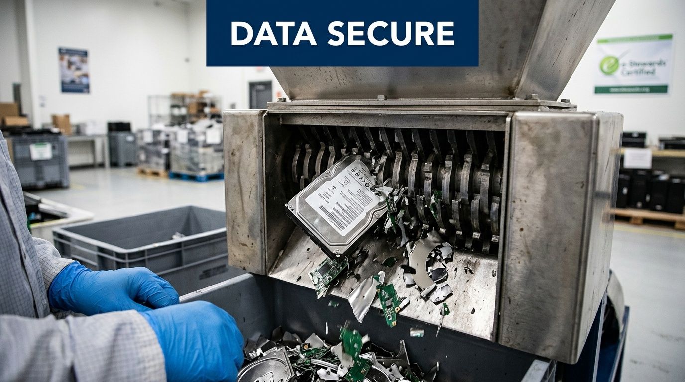A technician wearing blue gloves inserts a hard drive into a shredder for secure data destruction services.