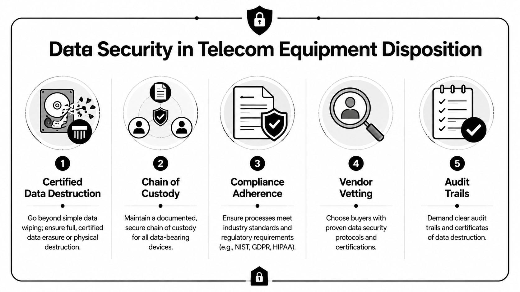 A five-step infographic explaining best practices for data security when disposing of telecommunications equipment.