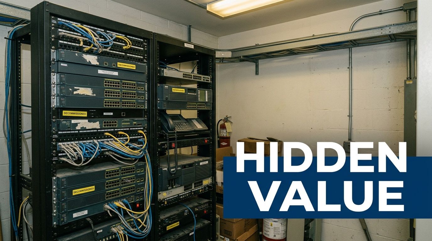 A server room with two tall equipment racks filled with networking hardware and various cabling connections.