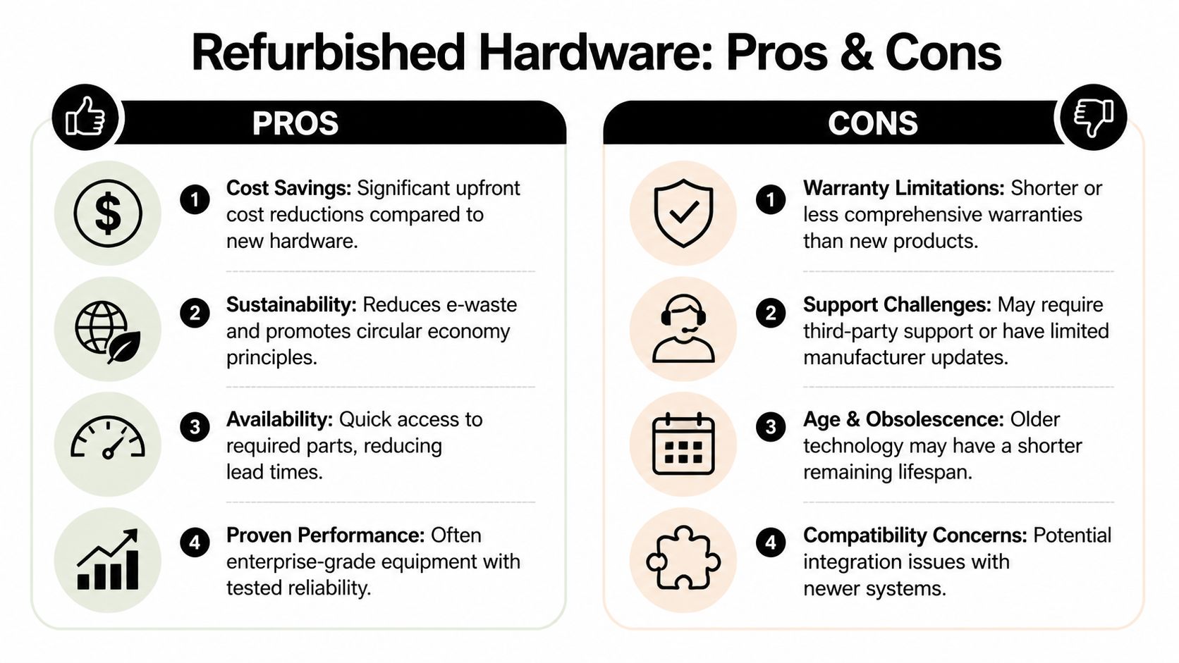 A comparative infographic outlining the key advantages and potential disadvantages of purchasing refurbished computer hardware equipment.