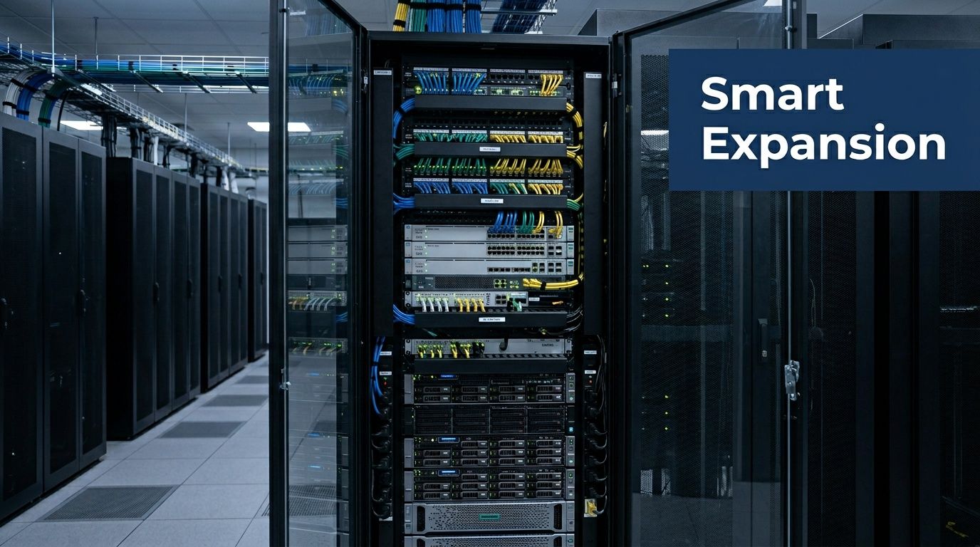 A modern server rack in a large data center showing organized networking equipment and cabling infrastructure.