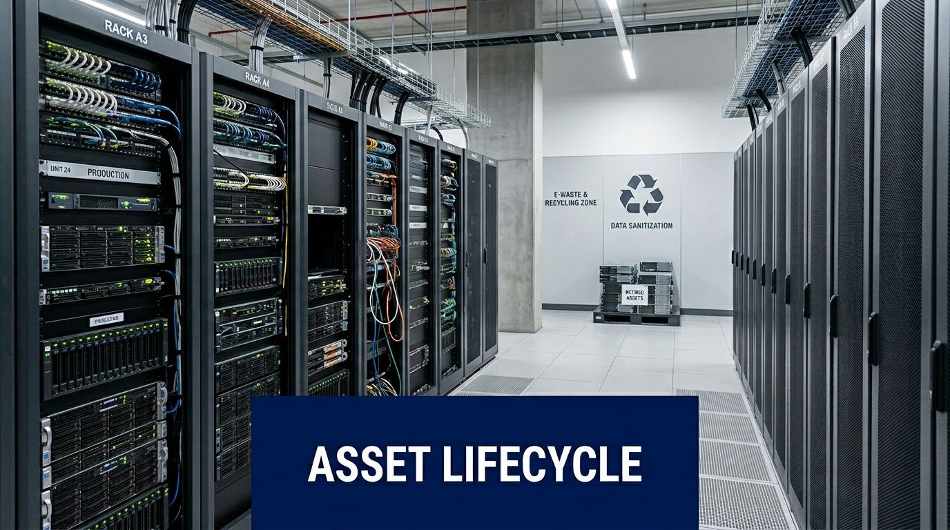 A modern data center featuring rows of server racks, organized cabling, and a designated e-waste recycling zone.
