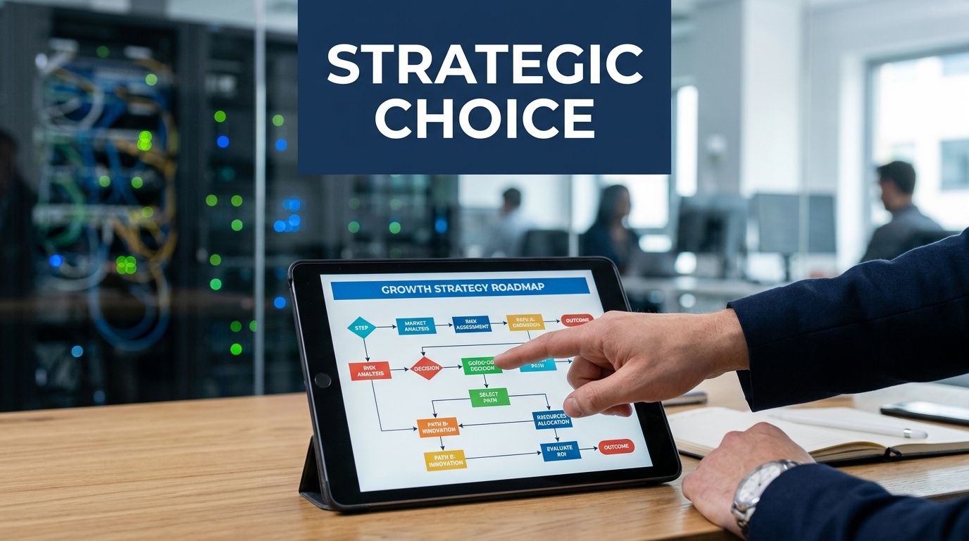 A professional reviewing a growth strategy roadmap flowchart on a tablet in an office environment.